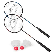 Two badminton rackets with black grips and two shuttlecock birdies