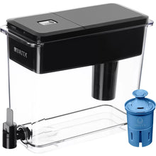 Jet black filtered water dispenser with blue filter cartridge and pitcher parts