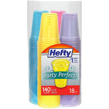 Packaged set of translucent plastic party cups in blue, yellow, purple, and pink