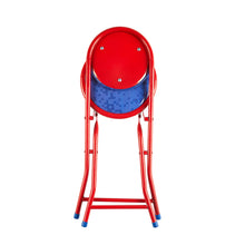 Red folding chair with blue printed back panel and headrest