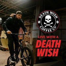 Coffee banner with skull logo and bold Death Wish lettering
