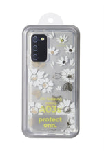 Clear phone case with white daisy floral pattern and camera cutout