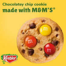 Round chocolate chip cookie with M&M’s candy pieces on Keebler packaging