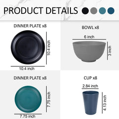 LVL Wheat Straw Dinnerware, Microwave Dishwasher Safe, Unbreakable Light Weight Plates Service For 8, Reusable Tableware Set, Multicolor Set 16pcs Plates, 8pcs Bowls, 8pcs Cups- Black