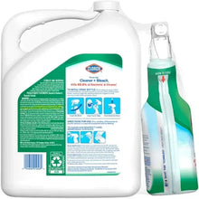 Clorox cleaner with bleach: back label on refill jug and green spray bottle, Original.