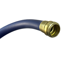 Medium-duty garden hose with brass female threaded connector on dark blue hose.