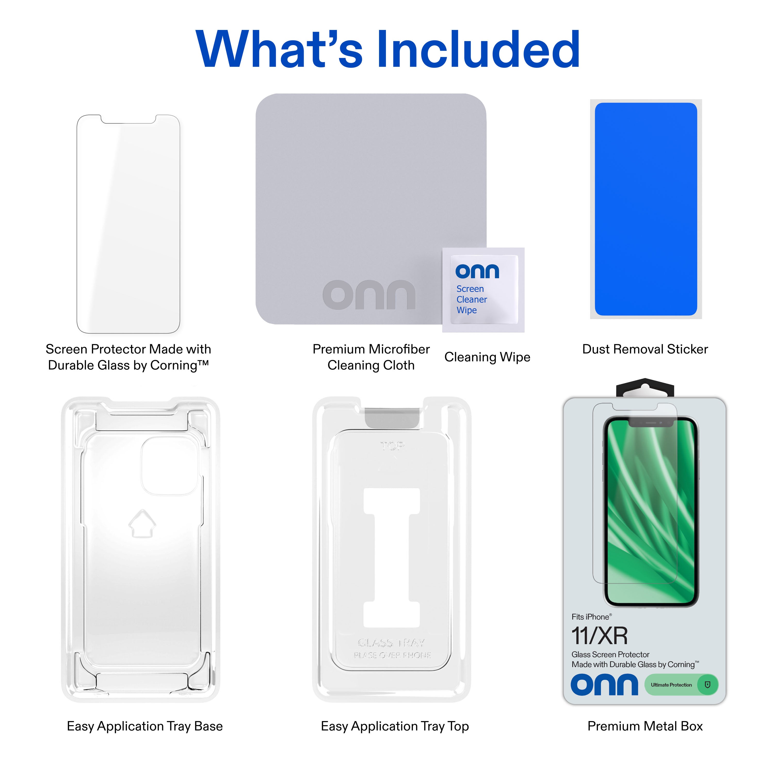 onn Corning Glass Screen Protector for iPhoneÂ® 11 and iPhoneÂ® XR, Made with Durable Glass by Corningâ„¢ for Ultimate Protection, Includes Easy Application Tray