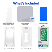 Glass screen protector kit contents: screen shield, wipes, tray parts, and dust sticker