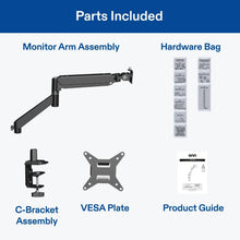 Monitor arm mount kit with arm assembly, C-bracket, VESA plate, and hardware bag