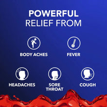 Cold & flu relief icons for body aches, fever, headaches, sore throat, and cough