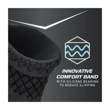 Dark gray ankle compression sleeve with ribbed top band and knit pattern cuff detail
