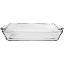 Clear glass rectangular baking dish with low sides and corner handles