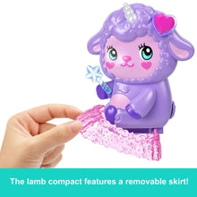 Purple lamb doll with pink removable skirt, held in a hand
