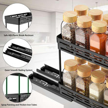 Black sliding spice rack shelf with metal rails and cutout slots, holding spice jars