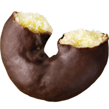 Frosted mini donut with dark chocolate glaze and pale yellow sugar topping