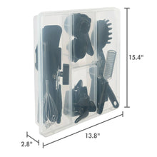 Clear drawer organizer with black cooking utensils arranged in separate compartments