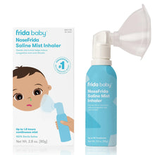 Saline mist inhaler with blue bottle and white cone attachment, plus product box