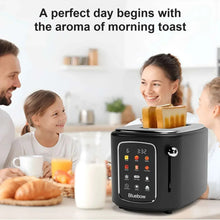 Black 2-slice toaster on counter with touchscreen panel and open slots holding toast
