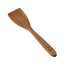 Wooden cooking spoon with angled oval head and long handle
