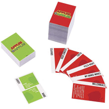 Apples to Apples card stacks in red and green with deck sides visible