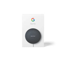 Google Nest Mini (2nd Gen) smart speaker retail box with charcoal unit