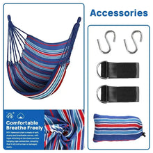 Blue striped canvas hammock chair swing with metal hooks and black hanging straps