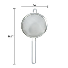 Silver fine mesh stainless steel strainer, 7.9 in wide and 16.6 in tall