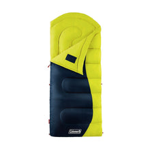 Big and tall sleeping bag in lime green and navy with top opening and hood panel