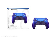 Wireless game controller in blue with PS-style buttons, shown with retail box