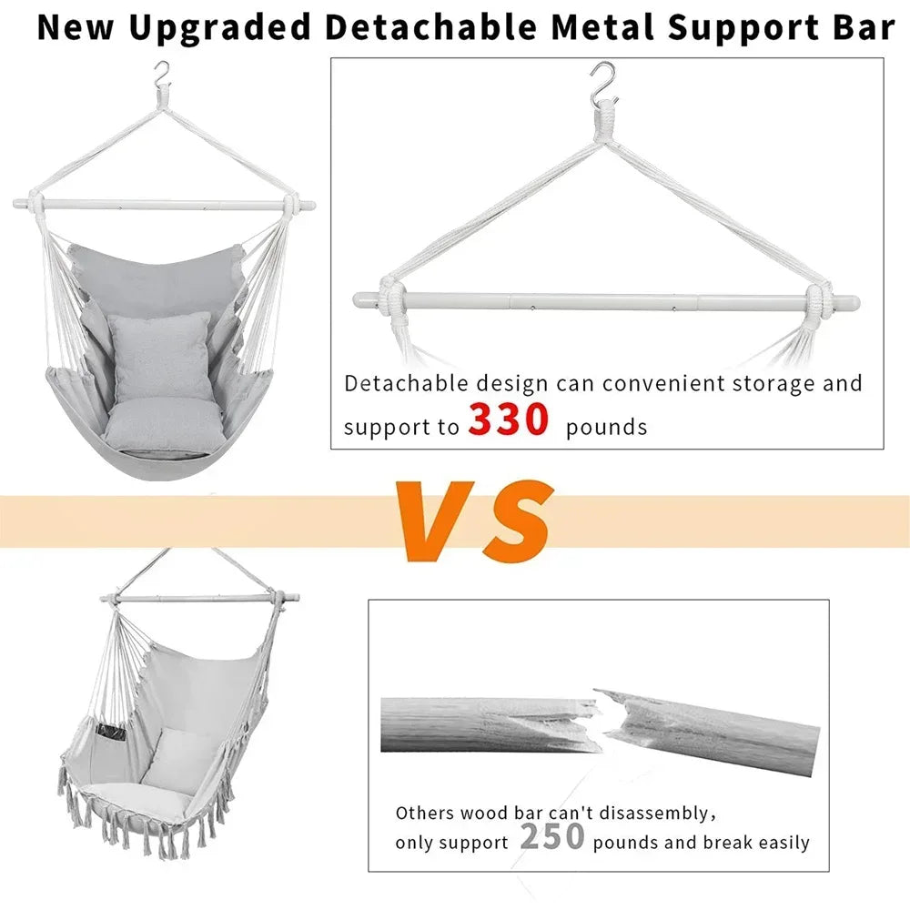 Large Hammock Chair Swing, Relax Hanging Rope Swing Chair with Detachable Metal Support Bar & Two Seat Cushions, Cotton Hammock Chair Swing Seat for Yard Bedroom Patio Porch Indoor Outdoor - USA MEGA SHOP