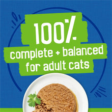 Wet cat food variety pack graphic, 100% complete + balanced for adult cats