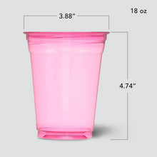 Translucent pink plastic party cup, 18 oz, with a flared rim