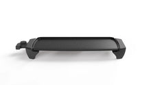 Electric griddle with slim ridged non-stick surface, dark gray handles and feet
