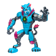 Blue panther-themed action figure with pink details, clawed hands, and neon green chest emblem