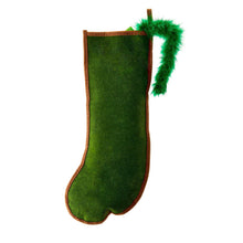 Green felt cat toy stocking with brown edges and green tinsel loop handle