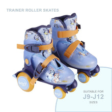 Pair of kids roller skates, light blue boots with orange straps and yellow wheels