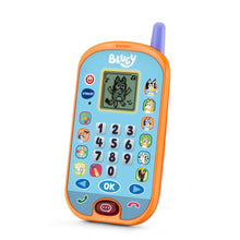 VTech Bluey ring phone with purple antenna, orange body and character LCD screen