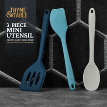 3-piece silicone mini utensil set with dark blue spatula, light blue spoon, white spoon