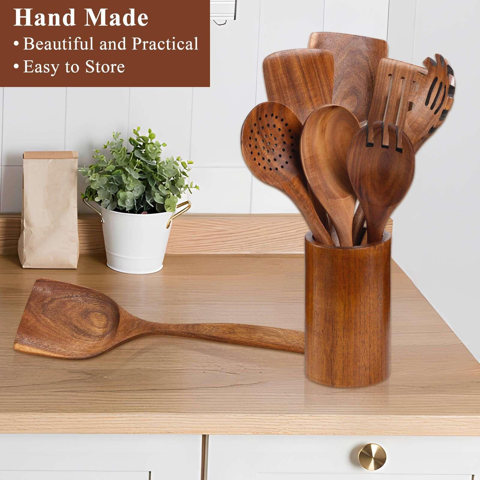 VAVSEA Thick Wooden Spoons for Cooking, 8 Pcs Natural Wooden Utensil for Cooking with Non-Stick, Heat Resistant, Wood Kitchen Utensil Set - USA MEGA SHOP