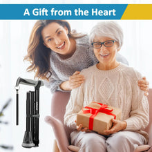 Foldable walking cane with textured tip, shown held beside a gift