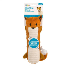 Orange fox plush dog toy on retail card with ribbed white squeaker panel