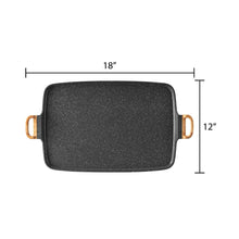 Charcoal speckle double griddle, about 18 in by 12 in, with wooden side handles