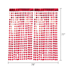 Red foil heart photo backdrop with hanging hearts; 78 in wide, 77 in tall
