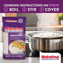Bag of jasmine long grain rice next to a pot of steamed rice
