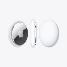 Apple AirTag tracker shown side-by-side with open white back housing