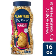 Plastic jar of sweet & spicy dry roasted peanuts with side panel showing 16 oz