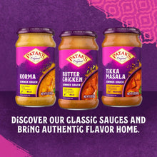 Three Patak's simmer sauce jars: Korma, Butter Chicken, and Tikka Masala