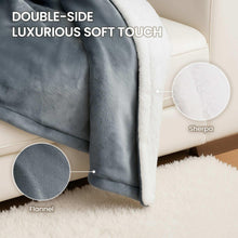 Gray flannel and white sherpa edges on an electric throw blanket, shown on a couch cushion.