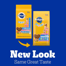 Pedigree Puppy dry dog food bags with “New Look Same Great Taste”