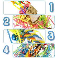 Bird shredding toy parts with woven basket and colorful shred strips for hanging